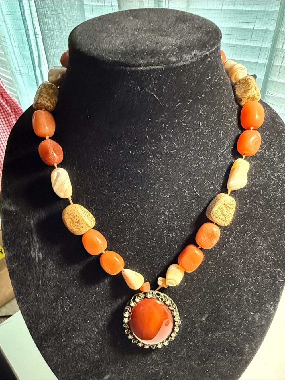Orange Beaded Pendant Necklace - Unbranded Hand knotted in between stones